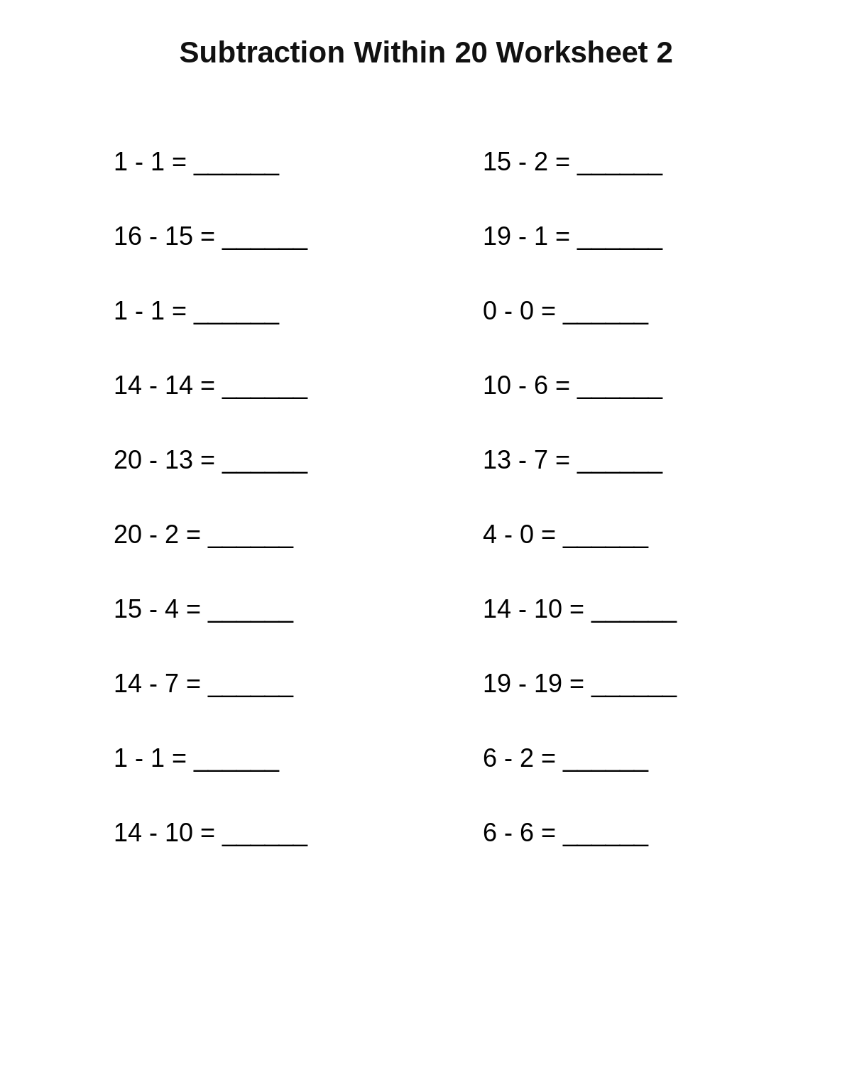 Subtraction Within 20 Worksheet 2