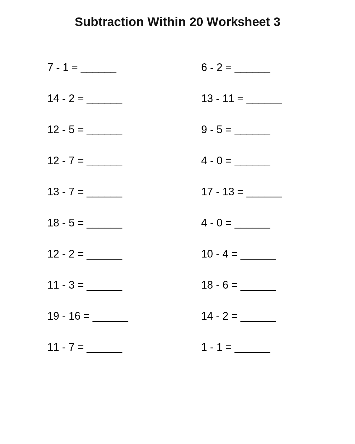 Subtraction Within 20 Worksheet 3
