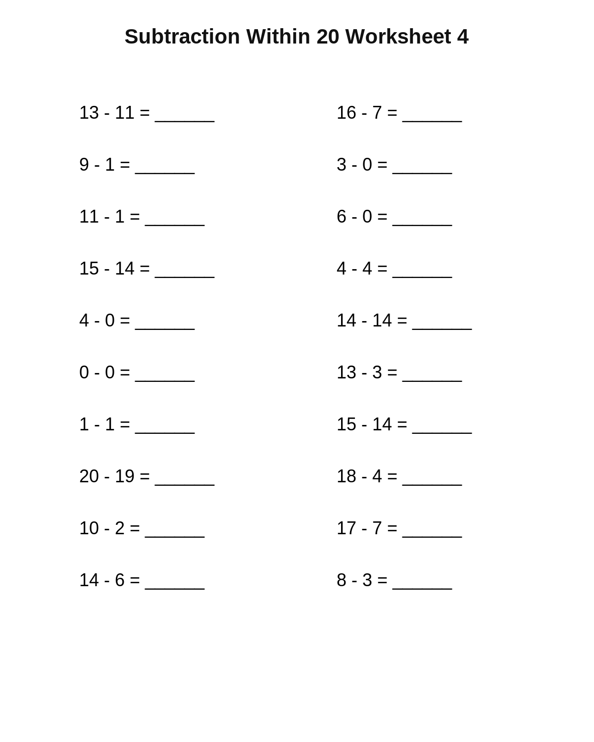Subtraction Within 20 Worksheet 4