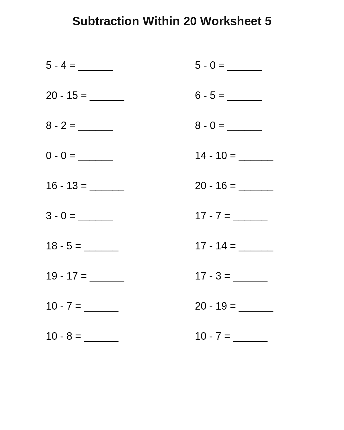 Subtraction Within 20 Worksheet 5