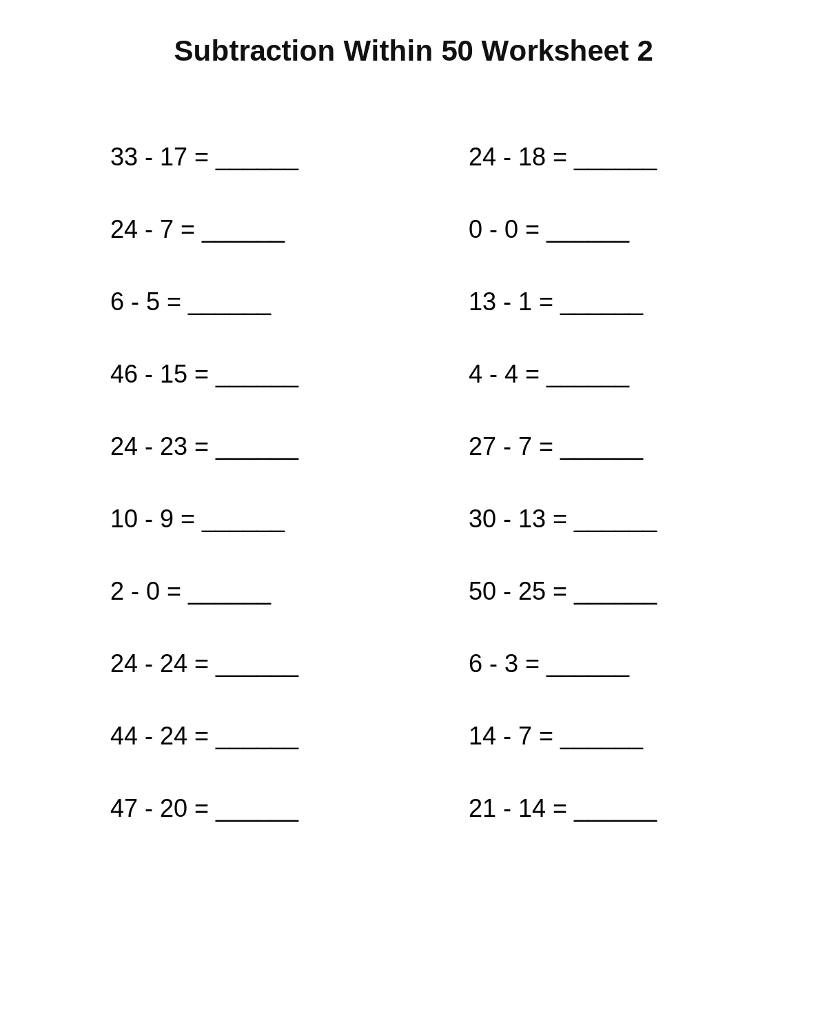 Subtraction Within 50 Worksheet 2