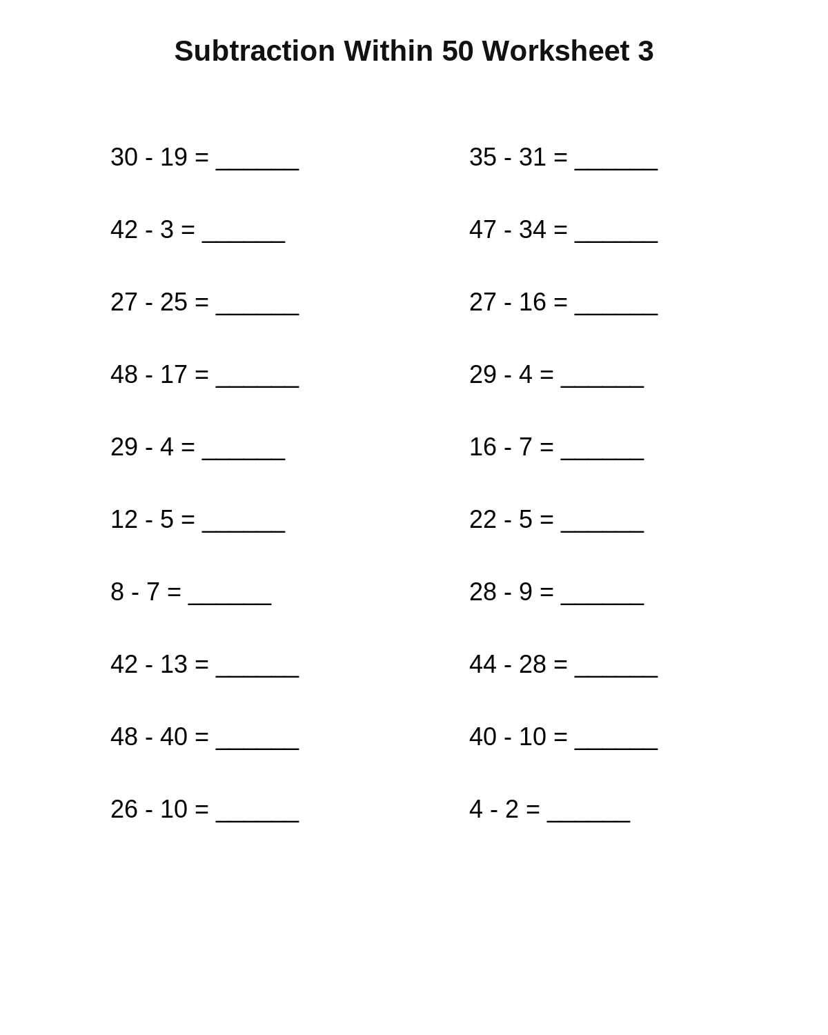 Subtraction Within 50 Worksheet 3