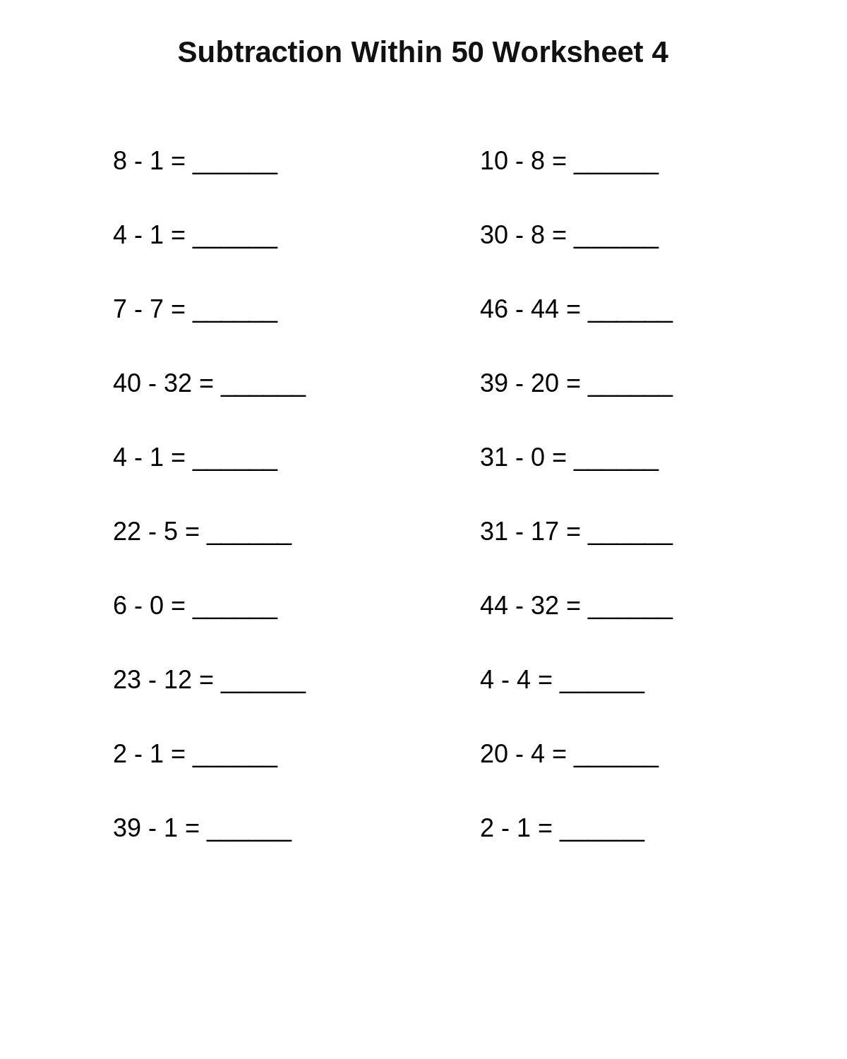 Subtraction Within 50 Worksheet 4