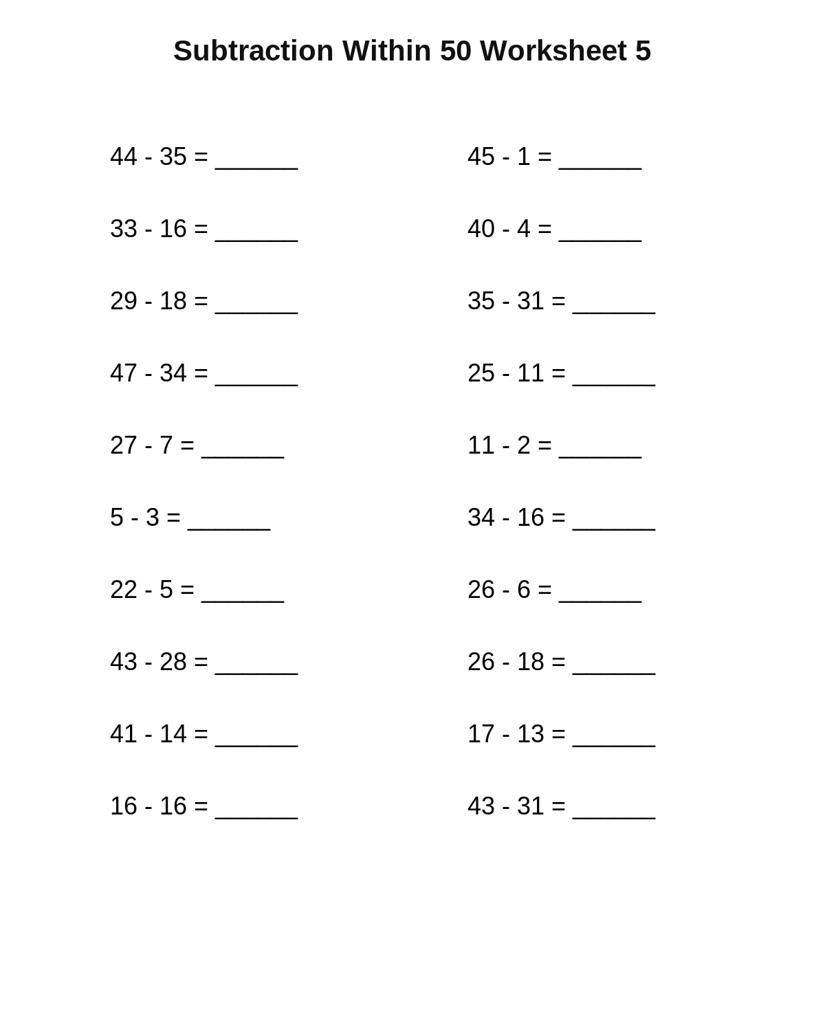 Subtraction Within 50 Worksheet 5